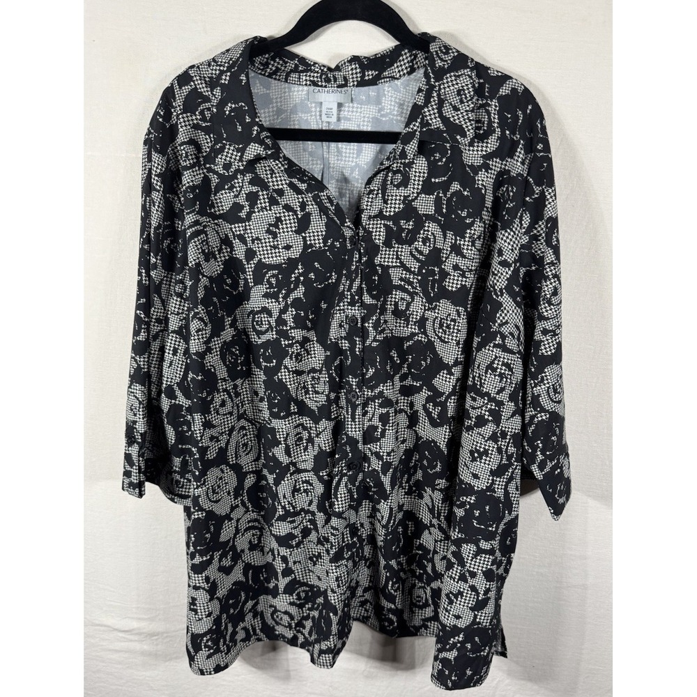 Catherines 2XWP Petite Black White Floral Button Up Blouse 3/4 Sleeve Plus
